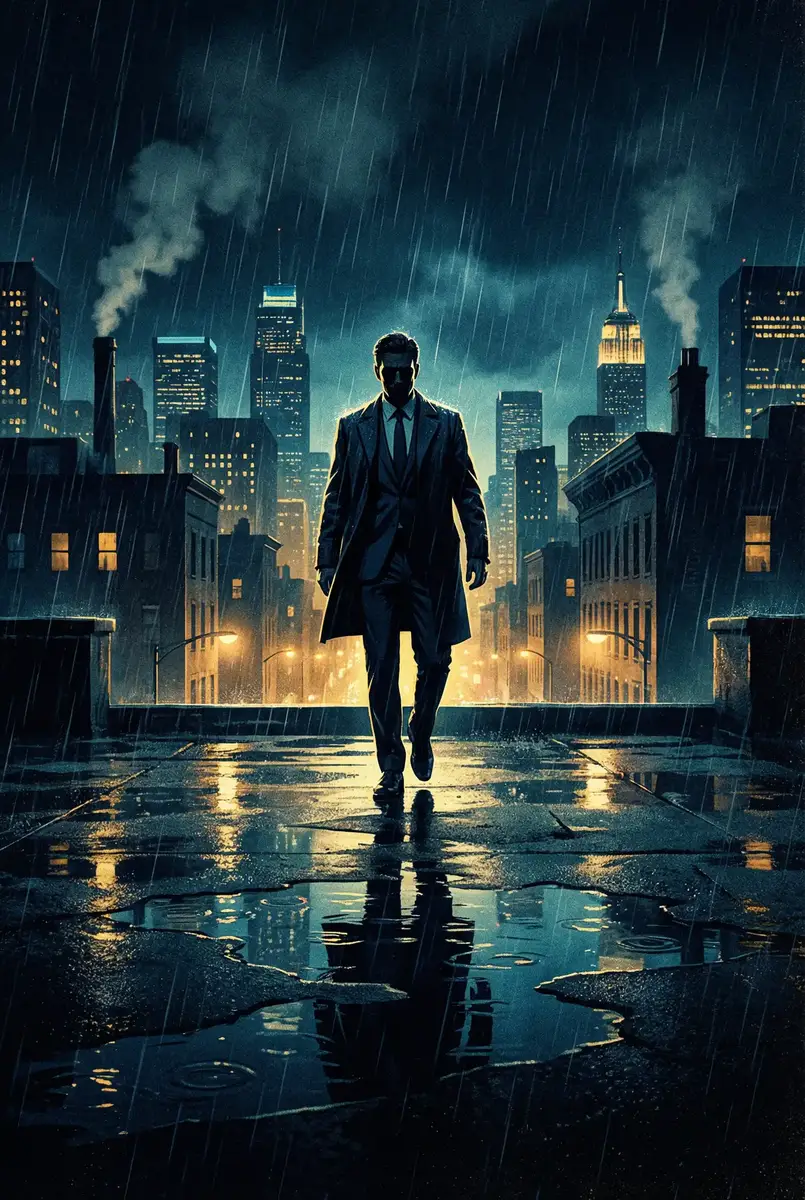 黑帮大佬我和我365天未删减版 出品影片《雨夜独行者》海报，雨中城市屋顶男性剪影